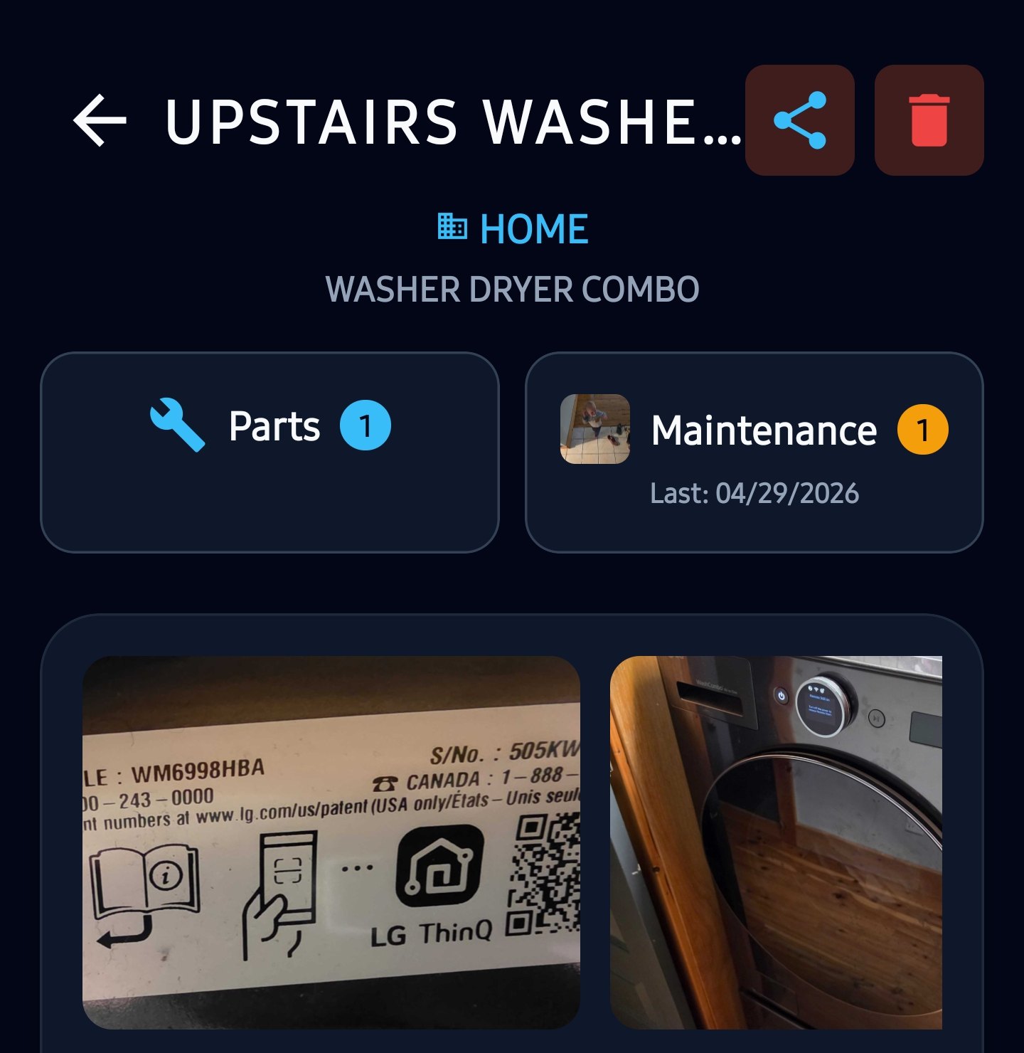 An appliance in the app with its nameplate photo, parts and last maintenance date