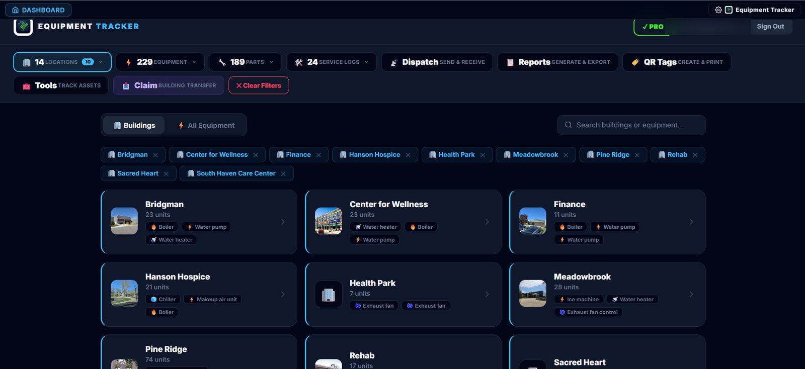 The Equipment Tracker Pro web dashboard showing a populated registry: 14 locations, 229 pieces of equipment, 189 parts and 24 service logs, with building cards for Bridgman, Center for Wellness, Finance, Hanson Hospice, Health Park and Meadowbrook listing equipment counts and equipment types including boilers, chillers, water heaters and exhaust fans